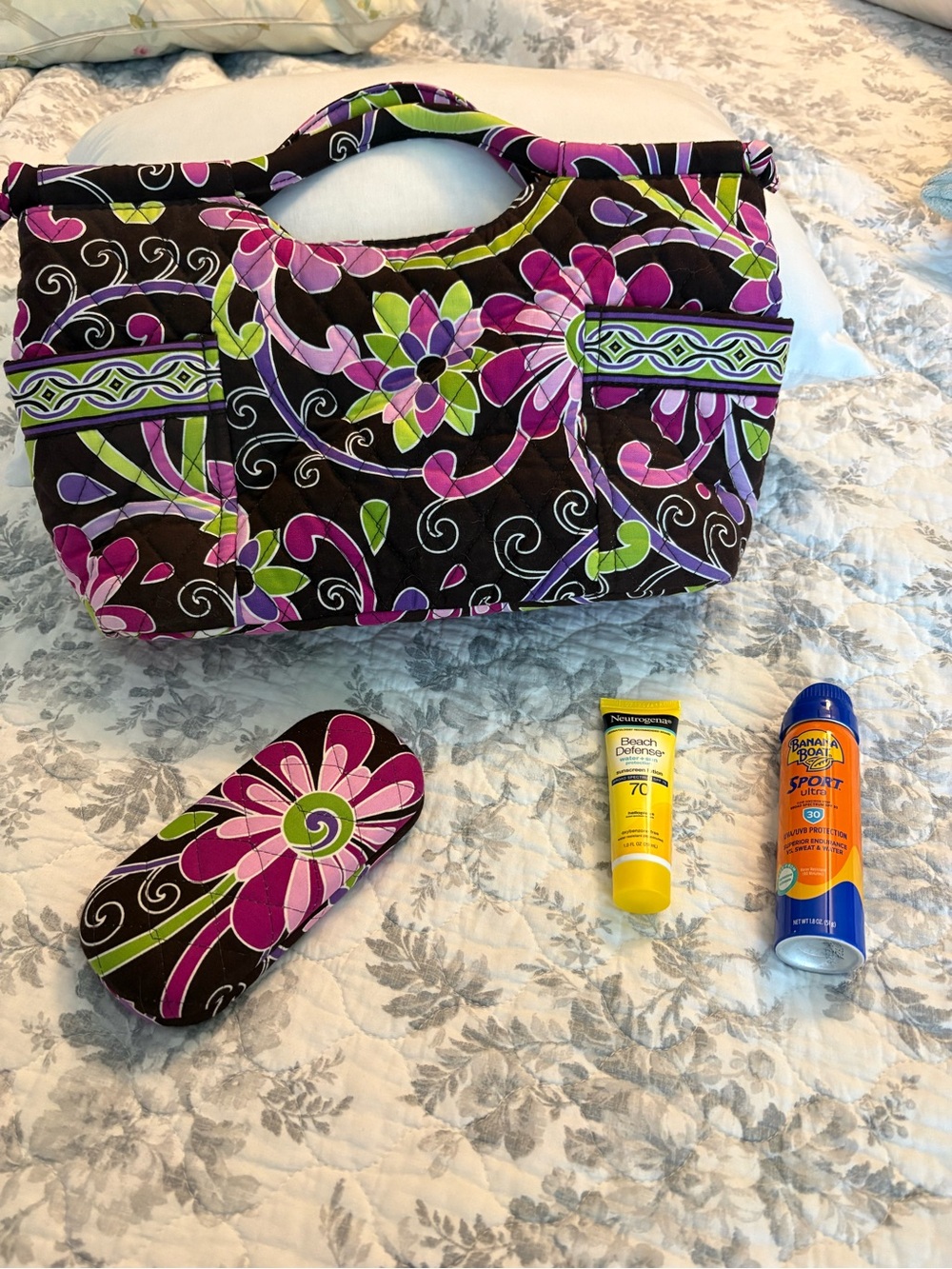 Vera Bradley Quilted Tote in Black with Pink & Lime Floral Pattern